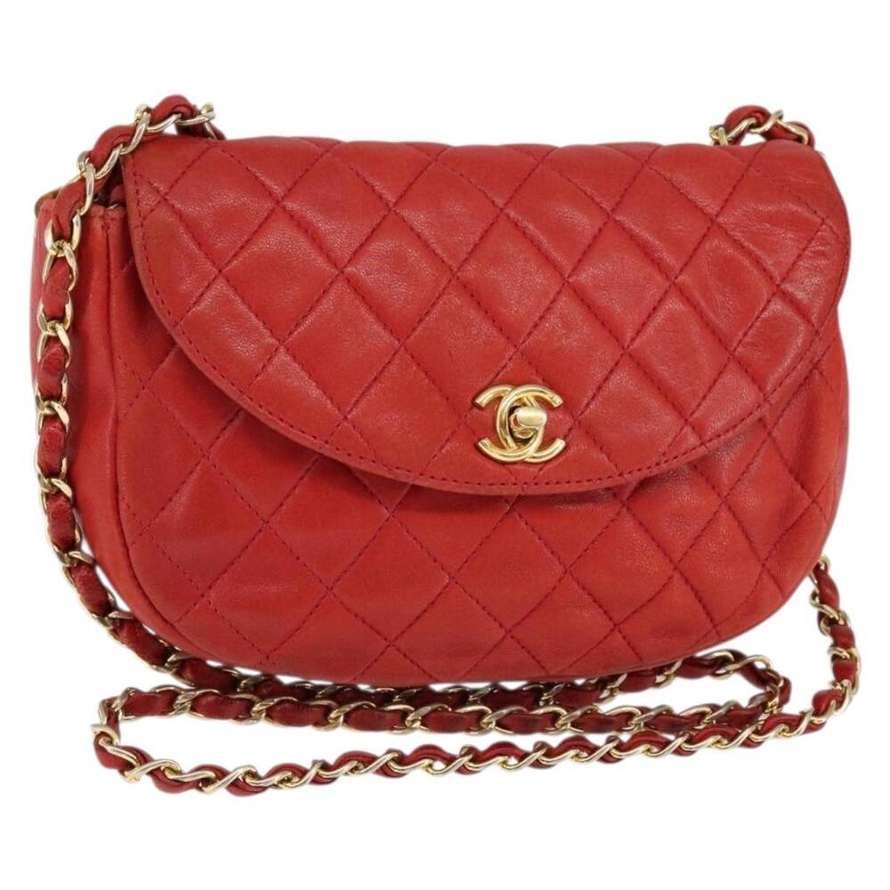 CHANEL Matelasse Chain Shoulder Bag Lamb Skin Red Gold CC Auth 149223